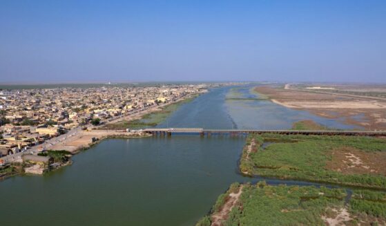 An aerial photograph shows the al-Chibayish marshes following recent rains, and the town of Al-Chibayish close to the Euphrates River in Dhi Qar governorate, southern Iraq, on May 2, 2026.