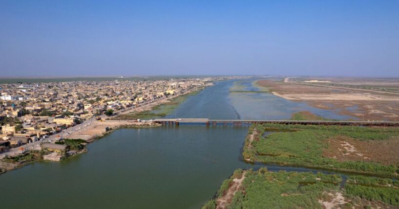 An aerial photograph shows the al-Chibayish marshes following recent rains, and the town of Al-Chibayish close to the Euphrates River in Dhi Qar governorate, southern Iraq, on May 2, 2026.