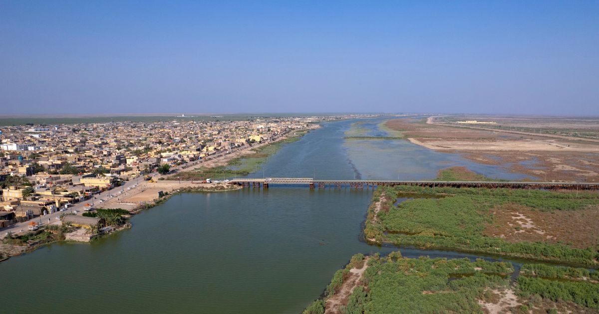 An aerial photograph shows the al-Chibayish marshes following recent rains, and the town of Al-Chibayish close to the Euphrates River in Dhi Qar governorate, southern Iraq, on May 2, 2026.