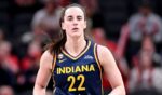 Caitlin Clark of the Indiana Fever reacts against the Nigeria National Team during the first half at Gainbridge Fieldhouse on May 2, 2026, in Indianapolis, Indiana.