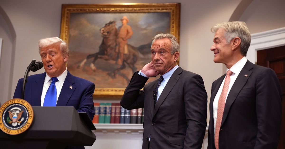 President Donald Trump, joined by Human Services Secretary Robert F. Kennedy Jr. and Administrator for the Centers for Medicare & Medicaid Services Mehmet Oz, speaks during a press conference in the Roosevelt Room of the White House on May 12, 2025, in Washington, D.C.