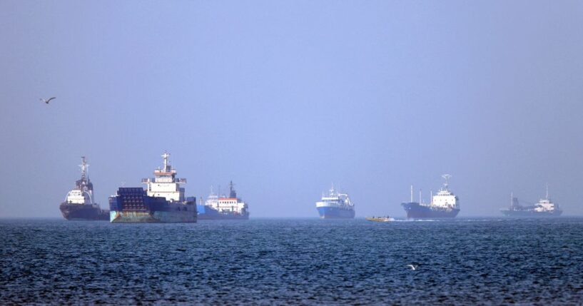 In this picture obtained from Iran's ISNA news agency on May 4, 2026, vessels are pictured anchored in the Strait of Hormuz off Bandar Abbas in southern Iran.