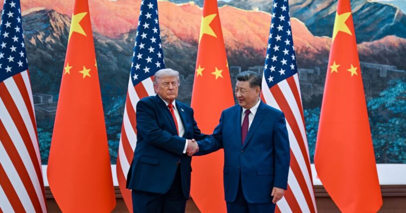 President Donald Trump and Chinese President Xi Jinping participate in a welcoming ceremony at the Great Hall of the People on May 14, 2026, in Beijing, China.