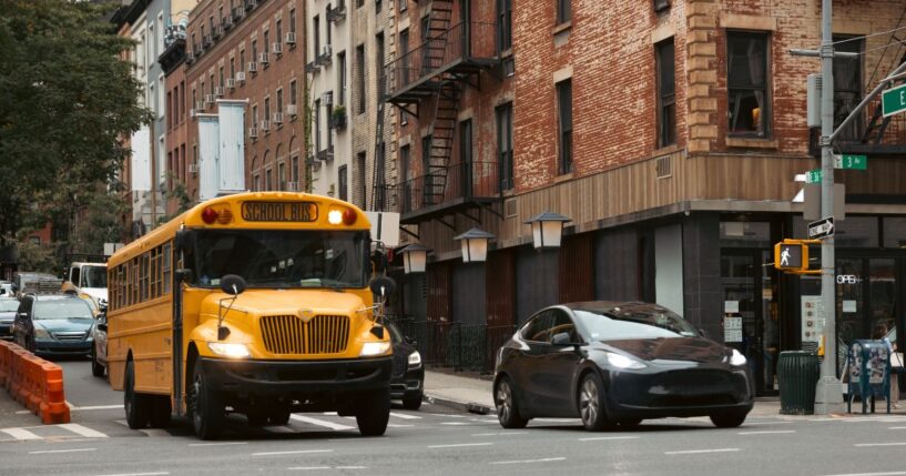 A typical yellow school bus in New York City in Midtown Manhattan.