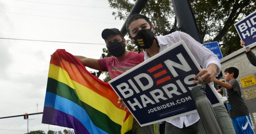Supporters of now-former President Joe Biden and Vice President Kamala Harris gather in the street as they celebrate on Nov. 7, 2020, in Wilton Manors, Florida.