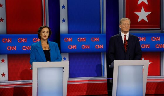 Former U.S. Rep. Katie Porter and businessman Tom Steyer look on during a CNN California Governor Primary Debate at East Los Angeles College on May 5, 2026, in Monterey Park, California.