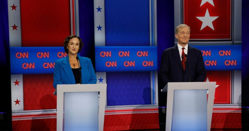 Former U.S. Rep. Katie Porter and businessman Tom Steyer look on during a CNN California Governor Primary Debate at East Los Angeles College on May 5, 2026, in Monterey Park, California.