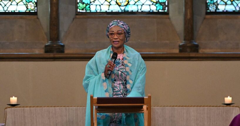 Nigeria's First Lady Oluremi Tinubu speaks during a visit to Lambeth Palace in central London on March 19, 2026, on the second day of a two-day state visit to the United Kingdom by Nigeria's president.