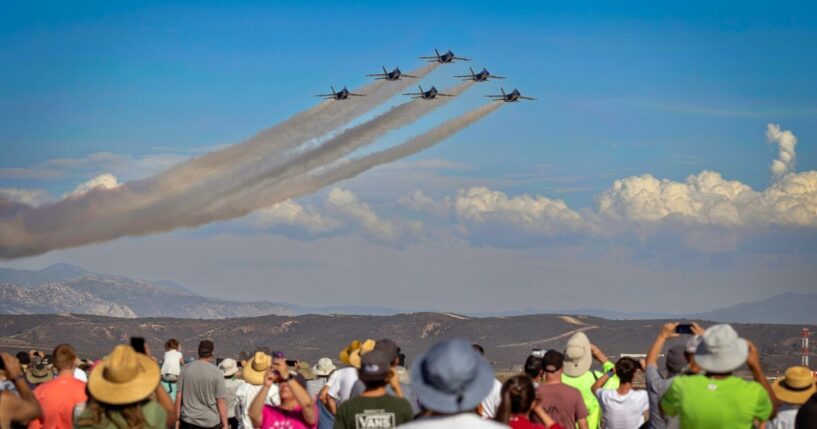 The U.S. Navy Blue Angels perform at the 2022 Miramar Airshow in San Diego, California.