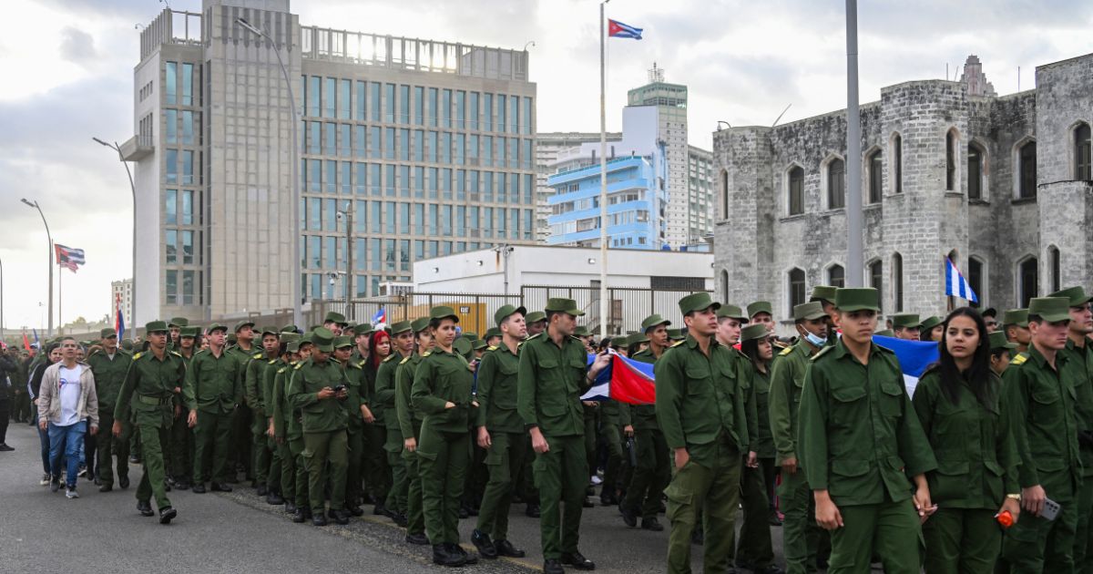 Students from military schools take part in an "Anti-Imperialist" protest in front of the U.S. Embassy against the U.S. incursion in Venezuela, where 32 Cuban soldiers lost their lives, in Havana on Jan. 16, 2026.