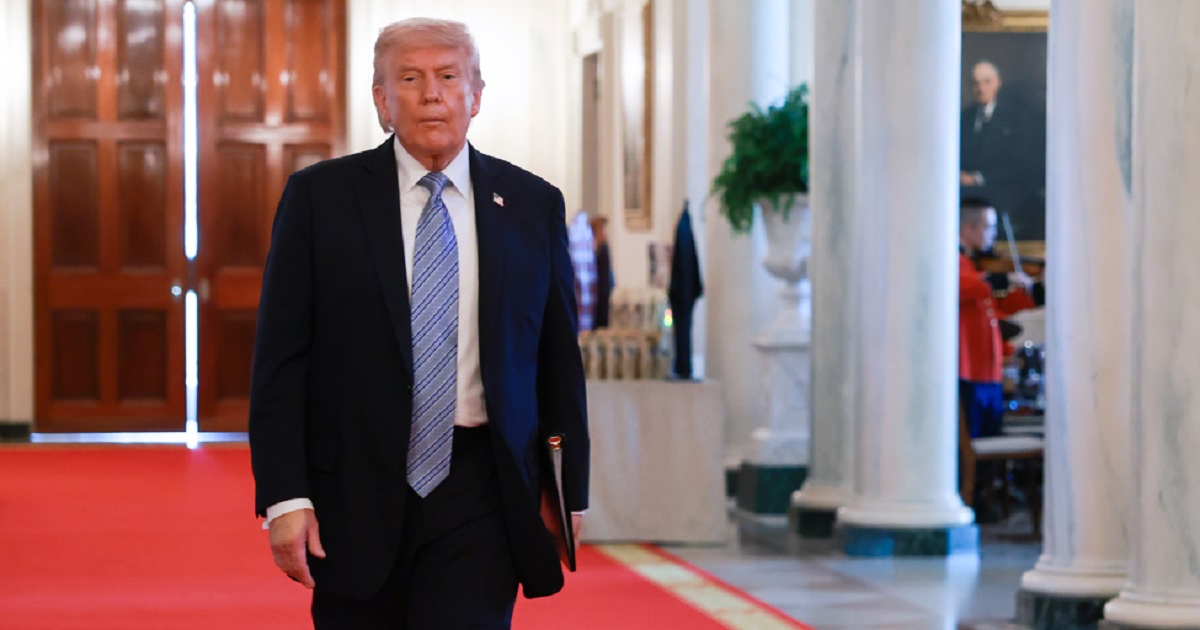 President Donald Trump, heading into a meeting in the East Room of the White House on Monday.