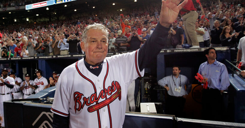 Atlanta Braves manager Bobby Cox waves to the crowd after a loss tot he San Francisco Giants in Game 4 of the National League Division Series in Atlanta on Oct. 11, 2010.