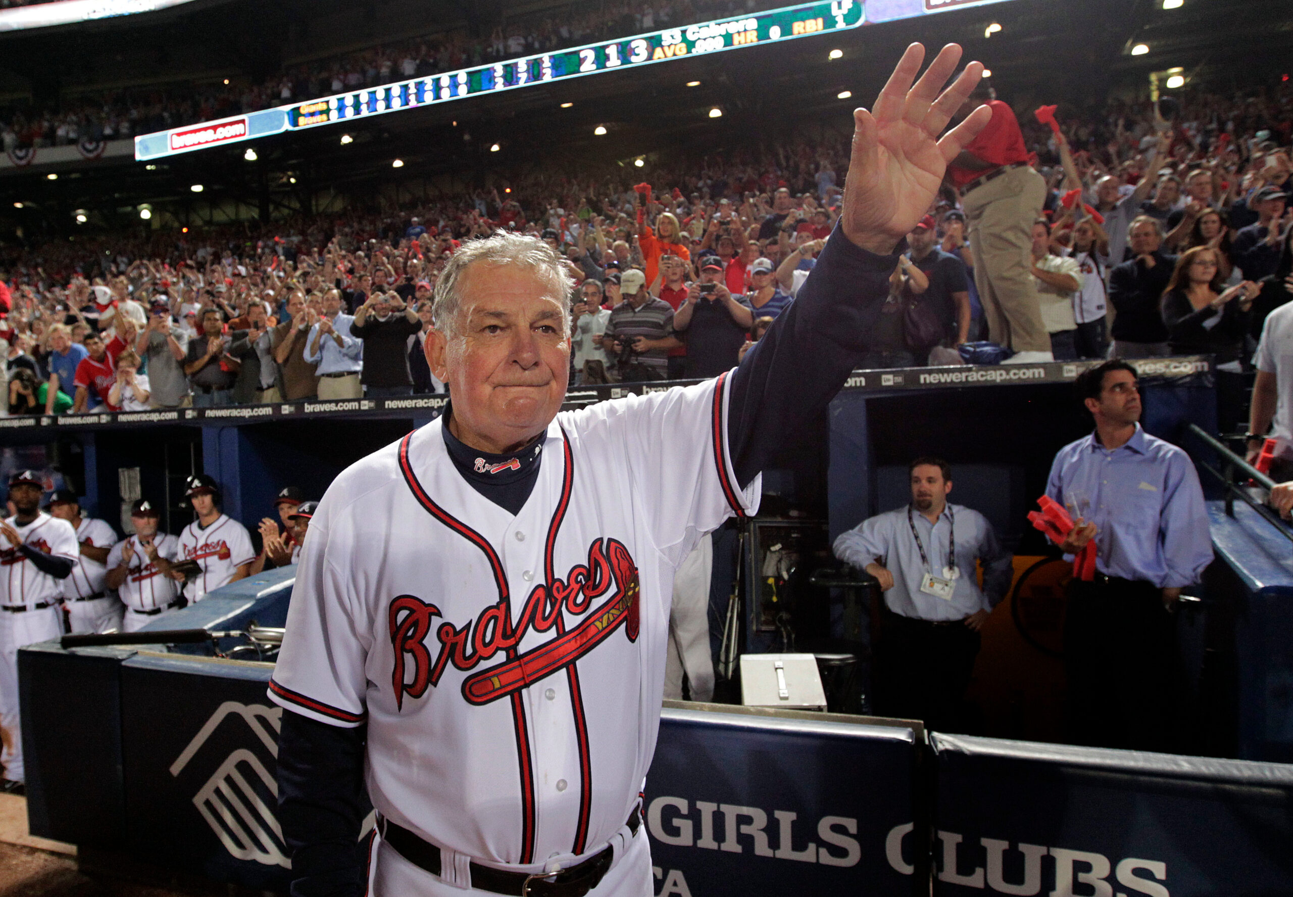 Atlanta Braves manager Bobby Cox waves to the crowd after a loss tot he San Francisco Giants in Game 4 of the National League Division Series in Atlanta on Oct. 11, 2010.