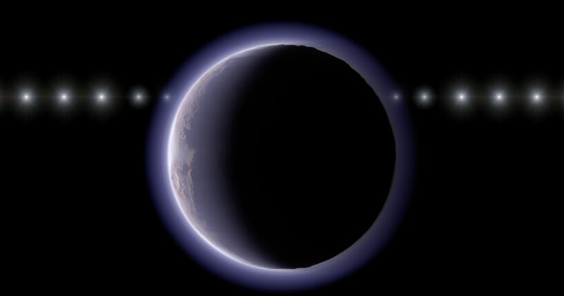 This image provided by NAOJ shows artist’s impression of the trans-Neptunian object 2002 XV93 occulting a background star. Observations of a stellar occultation in January 2024 revealed gradual fading and recovery of the starlight, providing evidence for a very thin atmosphere around the object.