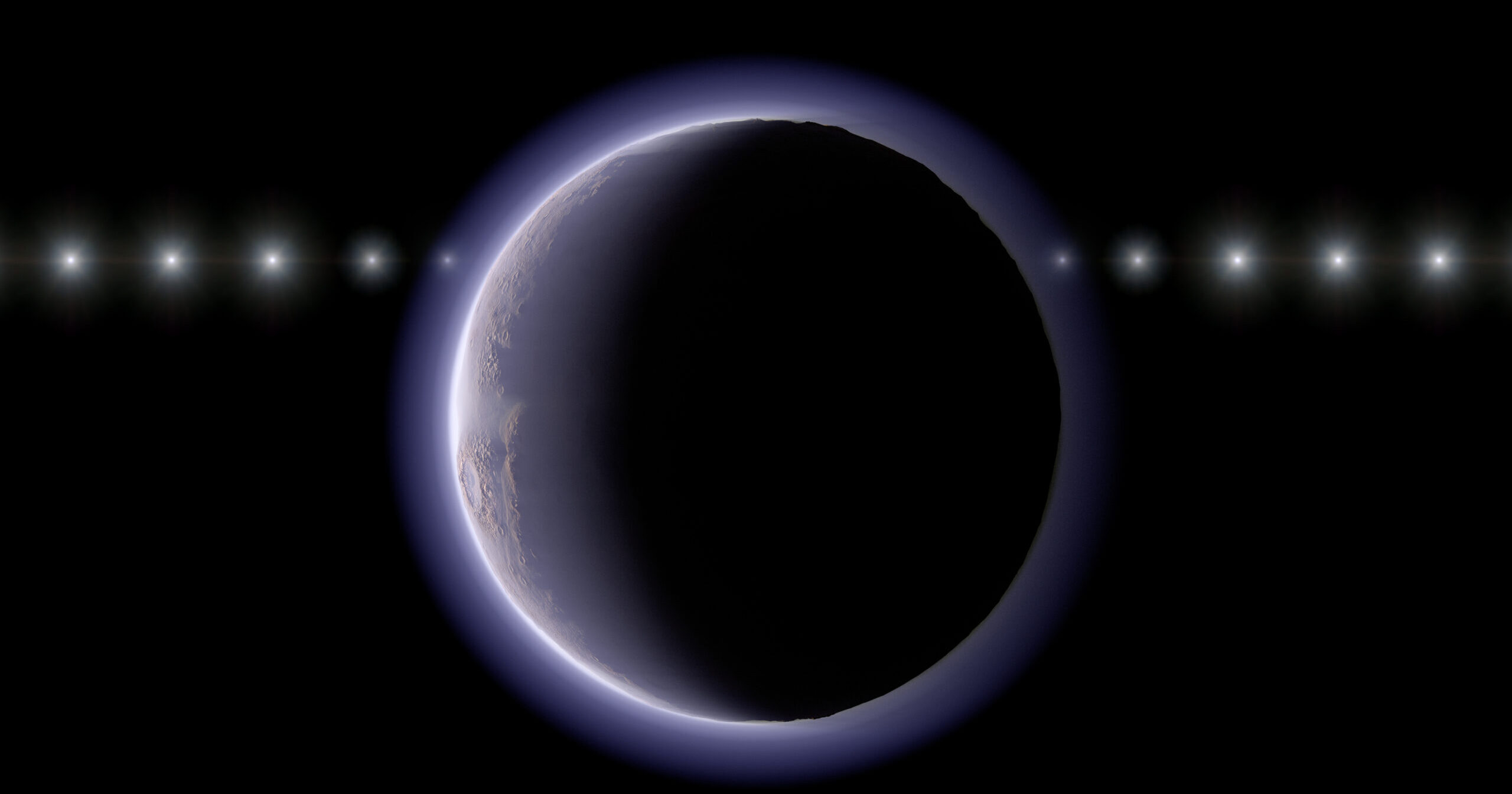 This image provided by NAOJ shows artist’s impression of the trans-Neptunian object 2002 XV93 occulting a background star. Observations of a stellar occultation in January 2024 revealed gradual fading and recovery of the starlight, providing evidence for a very thin atmosphere around the object.