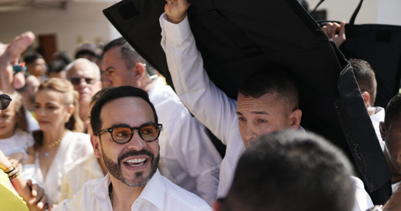 Presidential candidate Abelardo de la Espriella of the Defenders of the Motherland movement depart a polling station after voting during the presidential election in Barranquilla, Colombia, on May 31, 2026.