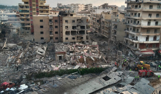 Rescuers work at the site of an Israeli airstrike that hit a building and damaged a hospital in the southern port city of Tyre, Lebanon, on June 1, 2026.