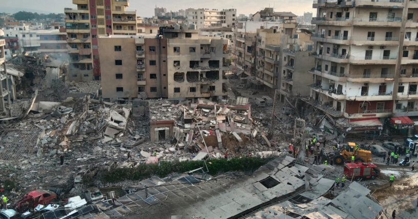 Rescuers work at the site of an Israeli airstrike that hit a building and damaged a hospital in the southern port city of Tyre, Lebanon, on June 1, 2026.