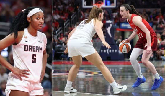 Angel Reese, left, of the Atlanta Dream made it clear she thought her rival, Indiana Fever's Caitlin Clark, far right, was exaggerating the impact of their contact during Thursday's game.