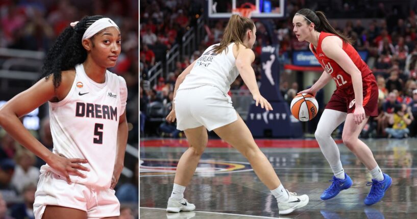 Angel Reese, left, of the Atlanta Dream made it clear she thought her rival, Indiana Fever's Caitlin Clark, far right, was exaggerating the impact of their contact during Thursday's game.