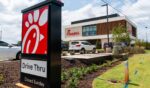 The first elevated Chik-Fil-A restaurant is seen on opening day on Aug. 22, 2024, in McDonough, Georgia. The concept restaurant, the first of its kind for Chik-Fil-A, is drive-through only and has a kitchen above four drive-through lanes with orders being delivered to team members below via a proprietary elevator system.