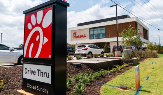 The first elevated Chik-Fil-A restaurant is seen on opening day on Aug. 22, 2024, in McDonough, Georgia. The concept restaurant, the first of its kind for Chik-Fil-A, is drive-through only and has a kitchen above four drive-through lanes with orders being delivered to team members below via a proprietary elevator system.