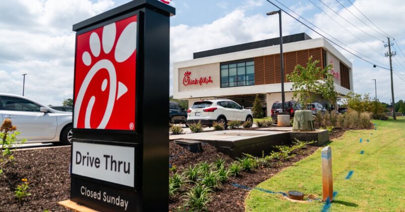 The first elevated Chik-Fil-A restaurant is seen on opening day on Aug. 22, 2024, in McDonough, Georgia. The concept restaurant, the first of its kind for Chik-Fil-A, is drive-through only and has a kitchen above four drive-through lanes with orders being delivered to team members below via a proprietary elevator system.