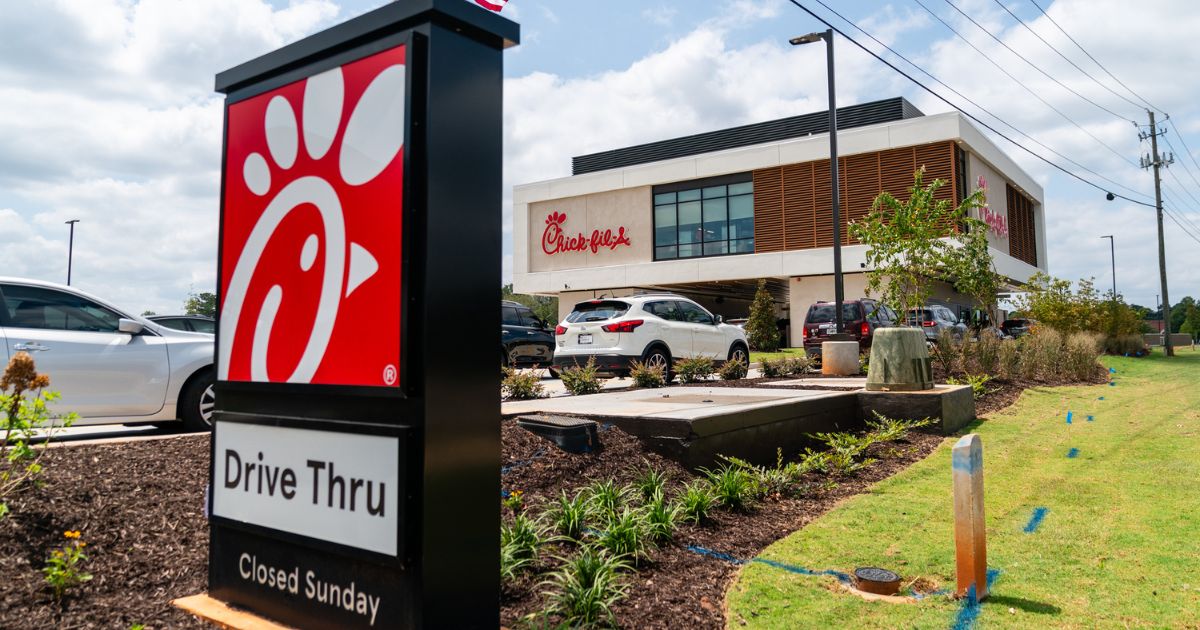 The first elevated Chik-Fil-A restaurant is seen on opening day on Aug. 22, 2024, in McDonough, Georgia. The concept restaurant, the first of its kind for Chik-Fil-A, is drive-through only and has a kitchen above four drive-through lanes with orders being delivered to team members below via a proprietary elevator system.
