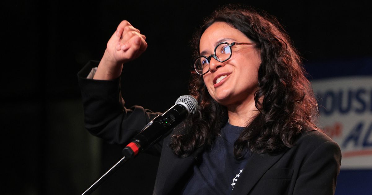 Congressional candidate Claire Valdez speaks during her primary-night watch party Tuesday in New York City. Valdez, a member and leader in the Democratic Socialists of America, was one of three progressive or socialist candidates endorsed by Mayor Zohran Mamdani.