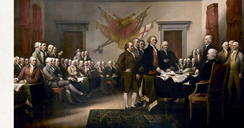 An 1818 painting by John Trumbull depicts the Founding Fathers presenting their draft of the Declaration of Independence.