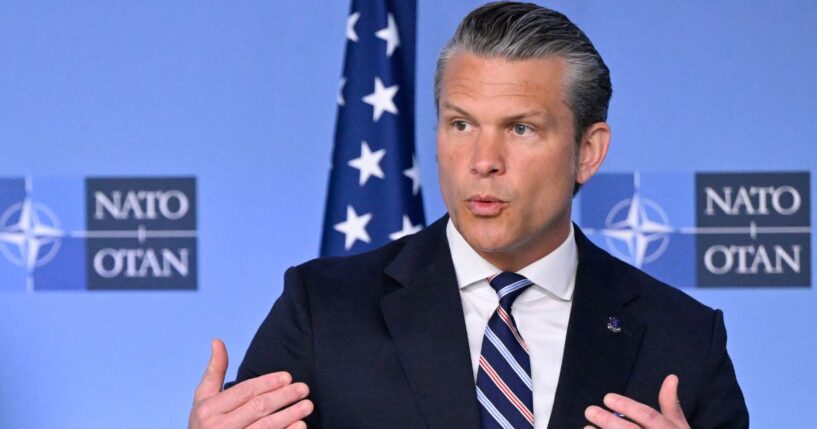 Secretary of Defense Pete Hegseth delivers remarks Thursday before a NATO Defense Ministers meeting at the NATO headquarters in Brussels, Belgium.