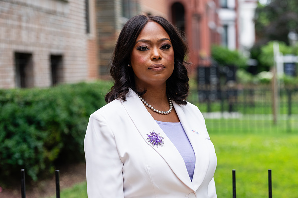 Washington D.C. Ward 4 Council Member Janeese Lewis George poses for a portrait outside the Whitelaw Apartment building on June 8, 2026.