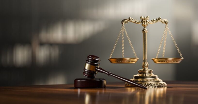 A gavel and wooden block sit alongside a balancing scale in a room flooded with light.