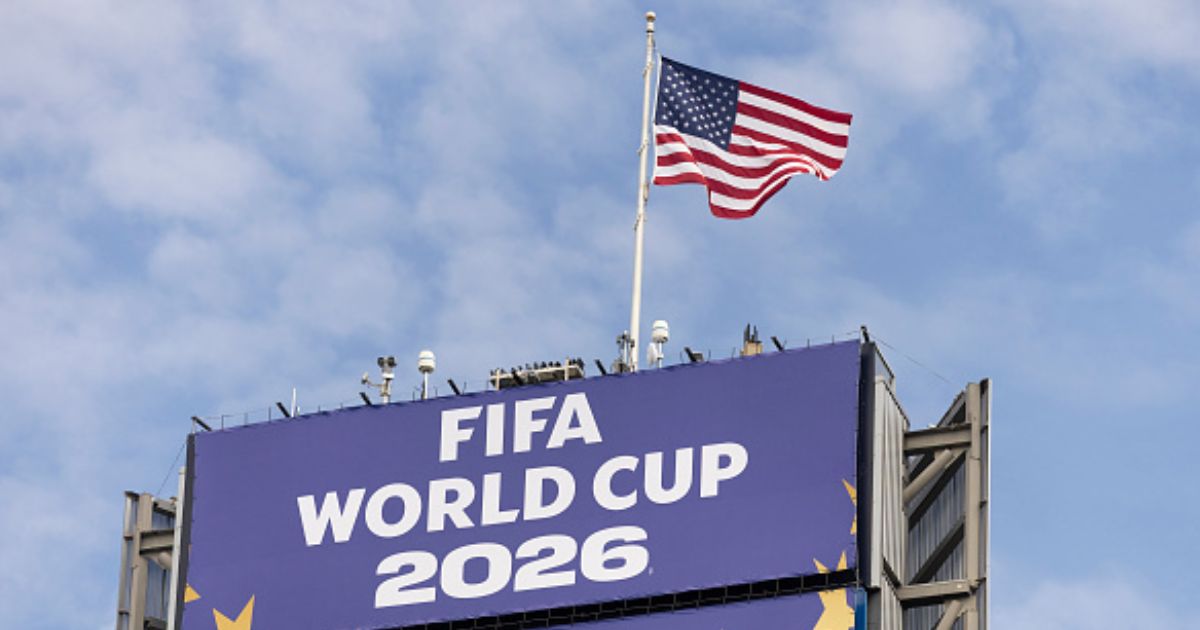 The American flag flies above FIFA World Cup signage in Seattle, Washington on June 19, 2026.