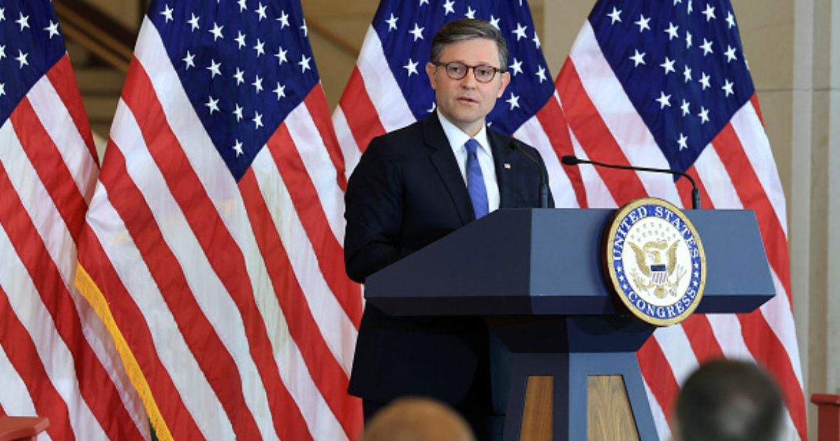 Speaker of the House Mike Johnson speaks to a crowd in Emancipation Hall at the United States Capitol Building on June 24, 2026.