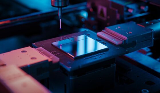 A microchip is pictured on a conveyor line.