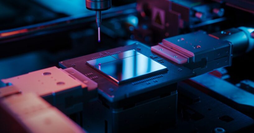 A microchip is pictured on a conveyor line.