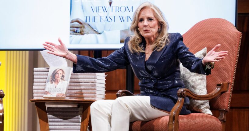 Former First Lady Dr. Jill Biden speaks to a crowd while promoting her new book, "View from the East Wing: A Memoir", which went on sale June 2.