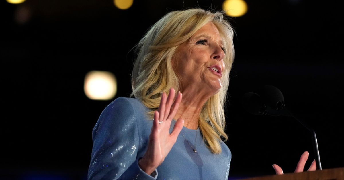 Then-first lady Jill Biden is seen speaking during the first day of Democratic National Convention, Aug. 19, 2024, in Chicago.
