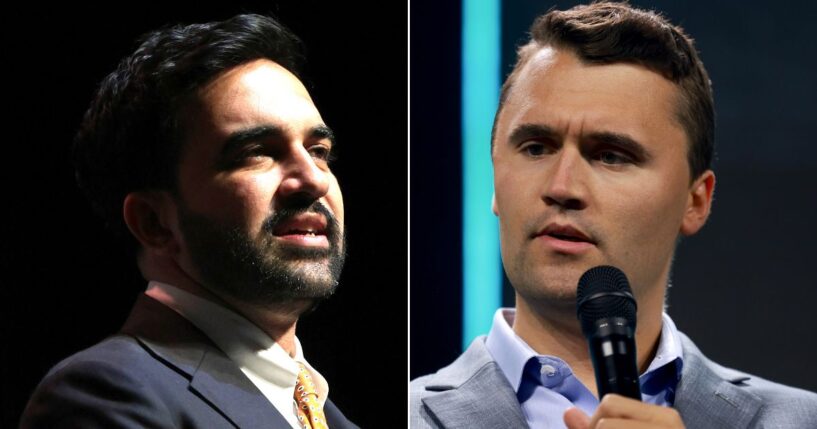 Turning Point USA founder Charlie Kirk, right, warned of the rise of socialist leaders like New York City Mayor Zohran Mamdani, left.