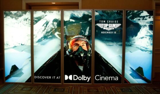 A poster for the 2022 film "Top Gun: Maverick" as seen at Ceasars Palace during CinemaCon in Las Vegas on Aug. 26, 2021.