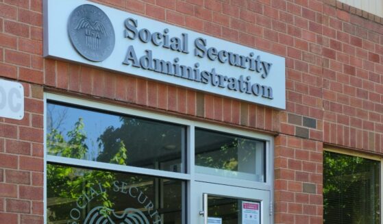 A general view of the Social Security Administration sign on a building's wall.