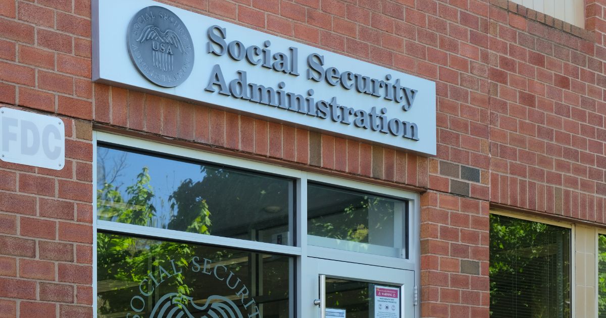 A general view of the Social Security Administration sign on a building's wall.