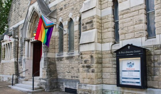 A "pride flag" flies outside of Saint Paul's Episcopal church in Evansville, Indiana, as seen on May 13, 2025.