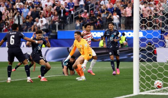 Men's players from the U.S. and Paraguay national teams compete in the FIFA World Cup at Los Angeles Stadium on June 12, 2026.