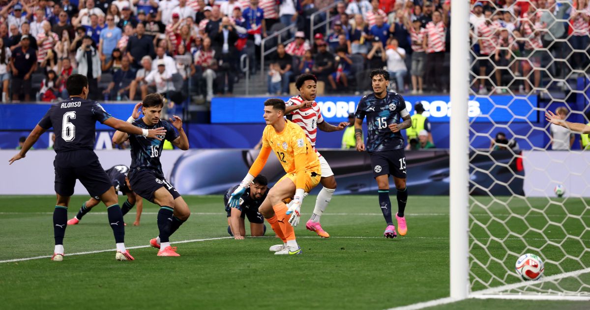 Men's players from the U.S. and Paraguay national teams compete in the FIFA World Cup at Los Angeles Stadium on June 12, 2026.
