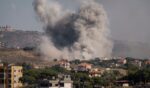 An Israeli army airstrike leaves a plume of smoke behind in Nabatieh, Lebanon, on June 19, 2026.