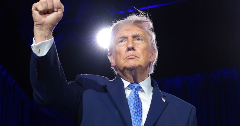 President Donald Trump pumps his fist at the Faith & Freedom Coalition's 2026 Policy Conference in Washington on June 26, 2026.