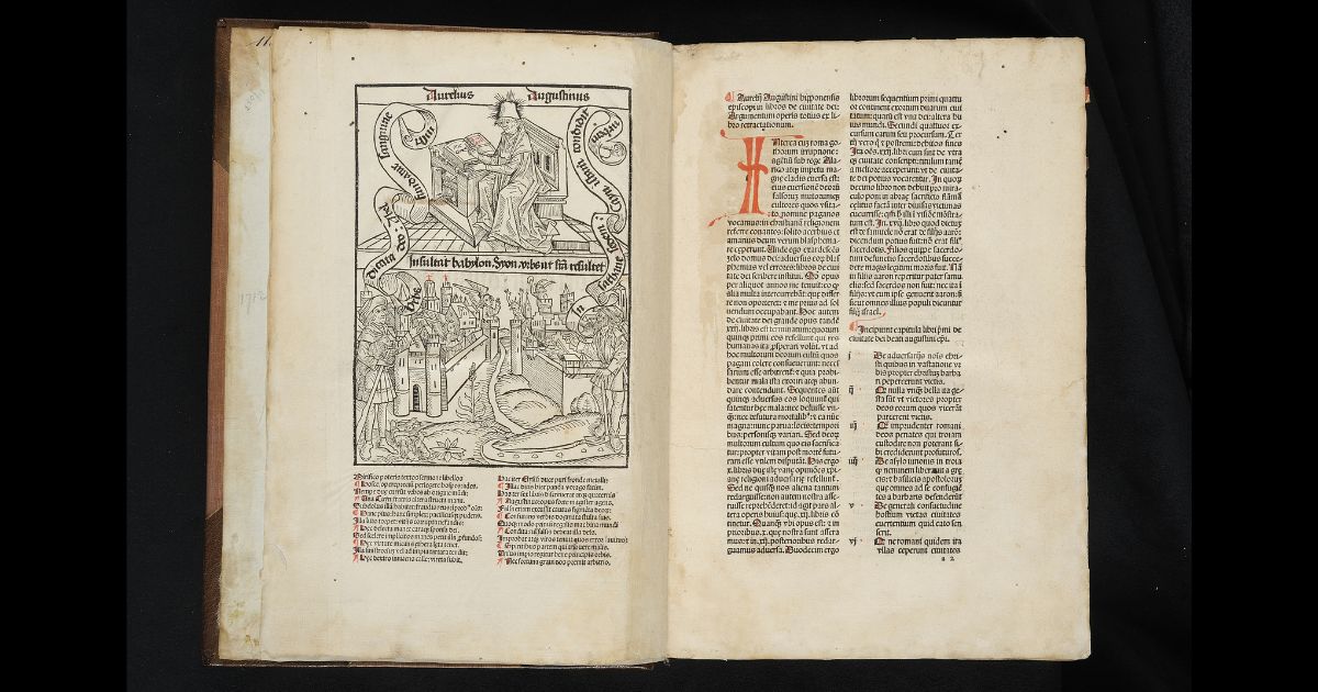 Illuminated pages of a book written in Latin by Augustine of Hippo.