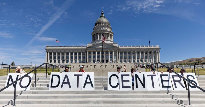 Demonstrators take part in a May 23 protest at the Utah State Capitol to oppose the construction of the Stratos data center in Box Elder County in Salt Lake City, Utah. The proposed data center would be about 40,000 acres and is speculated to use 9 gigawatts of power.